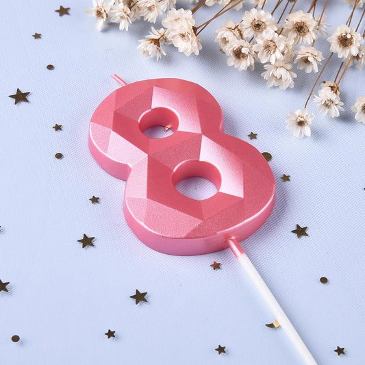 PHD CAKE 2.76 Inch Crystal Pink 8 Number Birthday Candles, Pink Cake Candles for Party Celebration