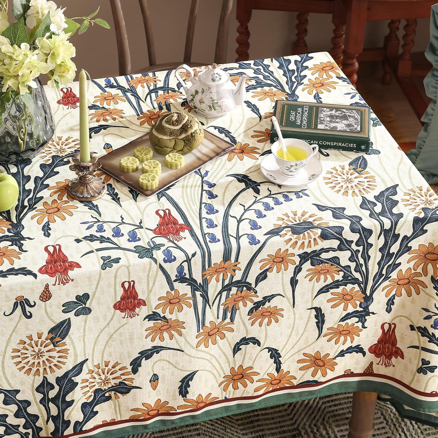 French Vintage Rectangular Tablecloth,Linen Tablecloth with Gold and Red Floral Pattern,Decorative Table Cover for Kitchen,Dining,Thanksgiving,Christmas,Party,63"*87"-Tijuana