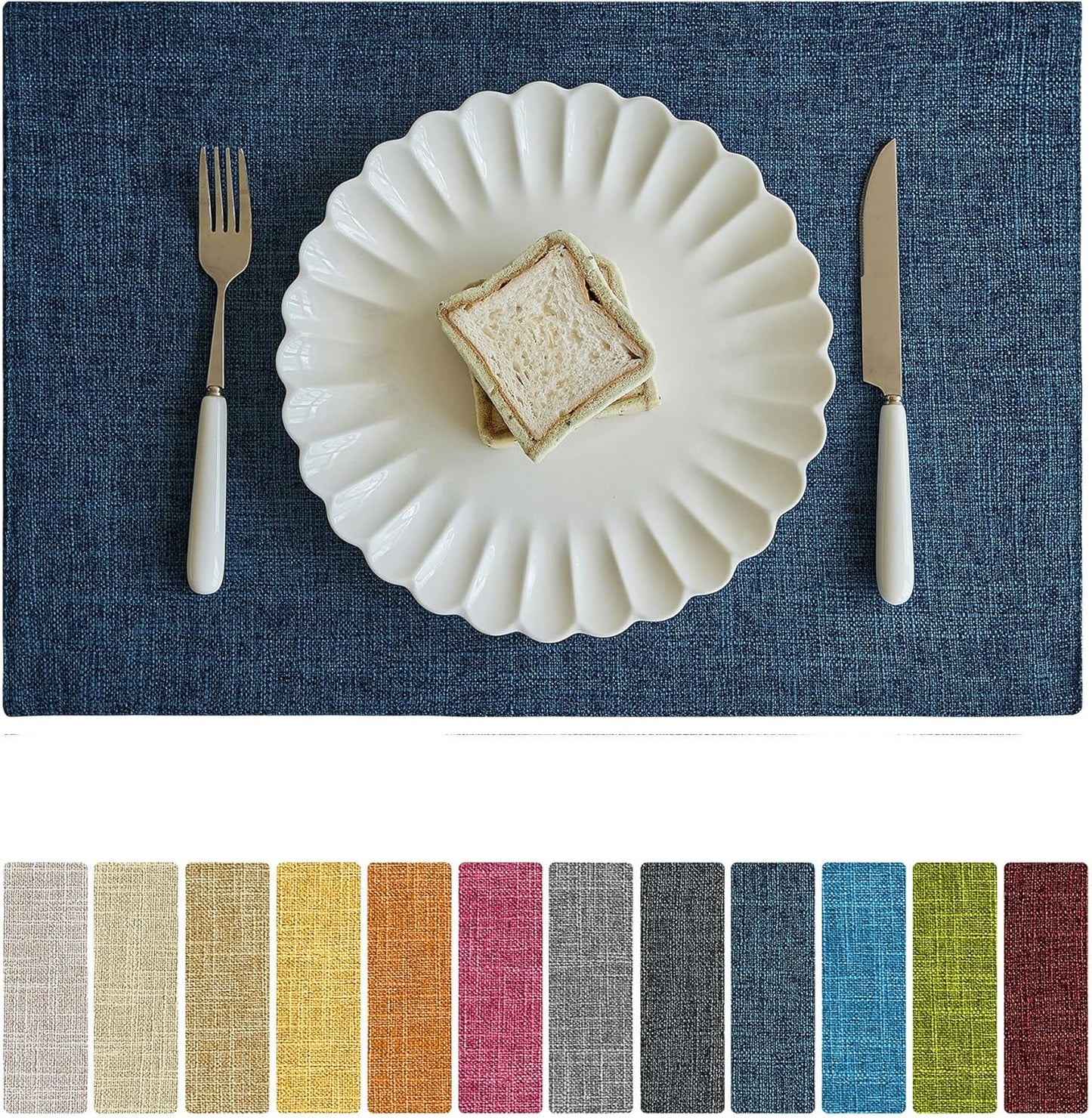 Softalker Faux Linen Placemats Set of 8-12 x 18 Inch, Heat Resistant Double Layered Durable Burlap Farmhouse Place Mats, Non-Slip Washable Rustic Table Mats for Dining, Kitchen, Party（Navy Blue
