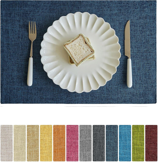 Softalker Faux Linen Placemats Set of 8-12 x 18 Inch, Heat Resistant Double Layered Durable Burlap Farmhouse Place Mats, Non-Slip Washable Rustic Table Mats for Dining, Kitchen, Party（Navy Blue