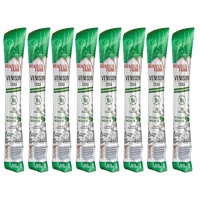 Wenzel’s Farm Jalapeno Cheddar Venison Snack Sticks 8 Pack | Supports Active Lifestyles │ High Protein, Low Carb │ No MSG, Fillers, Binders, Artificial Colors │ Gluten Free