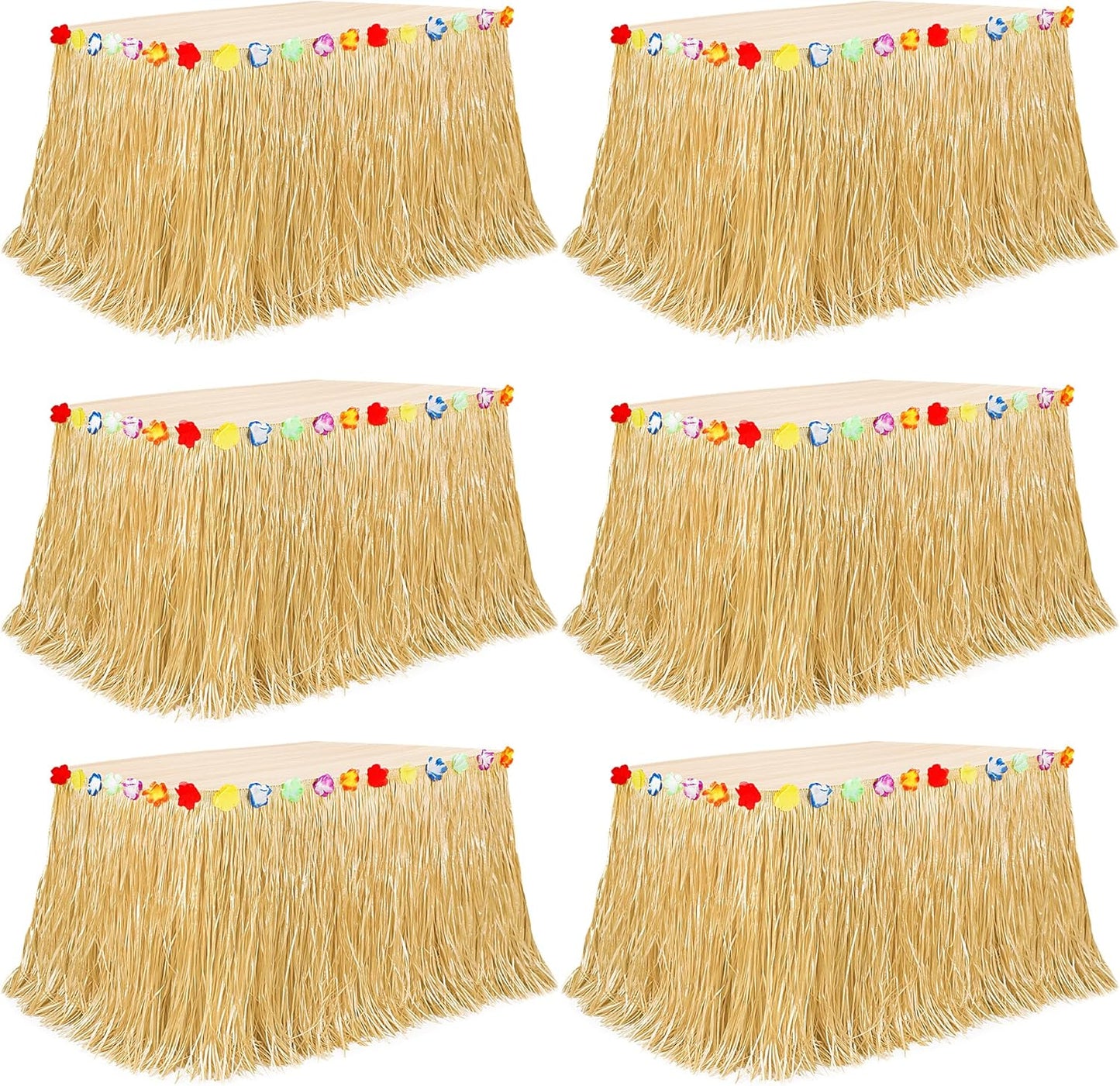 6PCS Hawaiian Table Skirt Decor, Gold Luau Themed Grass Table Skirt Party Decorations, 108 X 29.5" Flower Tropical Hula Dance Parties Supplies, Table Skirt Bulk for Summer Beach Themed Activities