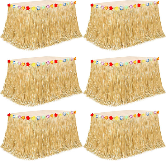6PCS Hawaiian Table Skirt Decor, Gold Luau Themed Grass Table Skirt Party Decorations, 108 X 29.5" Flower Tropical Hula Dance Parties Supplies, Table Skirt Bulk for Summer Beach Themed Activities