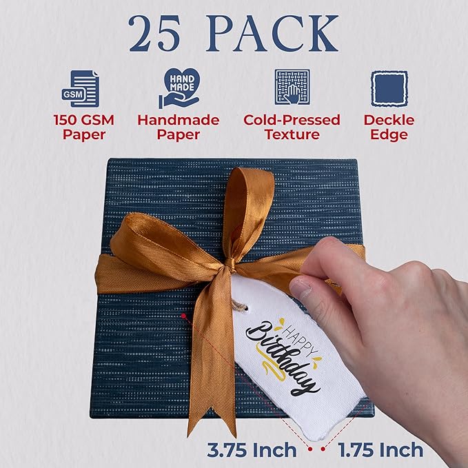 Wanderings Handmade White Deckled Edge Tags with String - 3.75 x 1.75” Only - Pack of 25 - Ideal for Price or Gift Tags, Arts, Crafts, Place Cards, Name Cards - Cold Press Thick 150 GSM