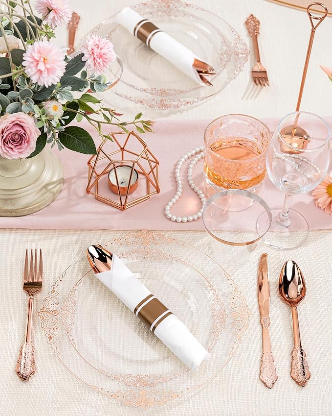 Nervure 175PCS Rose Gold Plastic Plates - Disposable Rose Gold Party Plates & Pre Rolled Napkins with Cutlery for 25 Guests, 50Plates, 75Silverware, 25Cups, 25Napkin for Wedding & Party & Easter