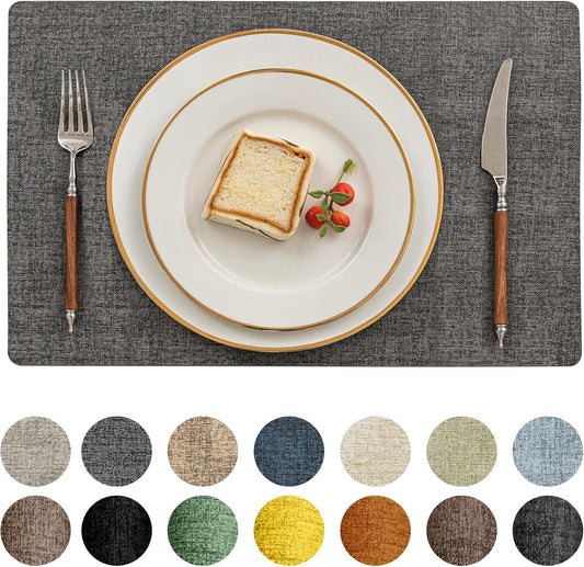 Romanstile Vinyl Placemats Set of 4-12 X 18 Inch - Heat Resistant Place Mats 100% Waterproof Oilproof Wipeable Reversible Faux Leather Table Mats for Kitchen/Dining/Party/Holiday, Dark Grey