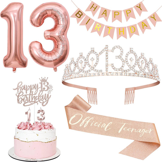 13th Birthday Decorations for Girls, Including 13th Tiara and Sash, Happy Birthday Banner, Cake Toppers, Number Candles and Balloons Set, Rose Gold