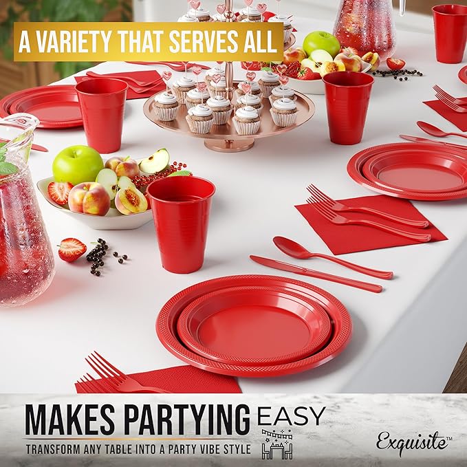 350 Pcs Red Plastic Plates For Party, Red Disposable Plates Set, 50 Of Each 9" Dinner Plate Set, 7" Dessert Plate, Cups, Napkins & Cutlery Plastic Dinnerware Exquisite