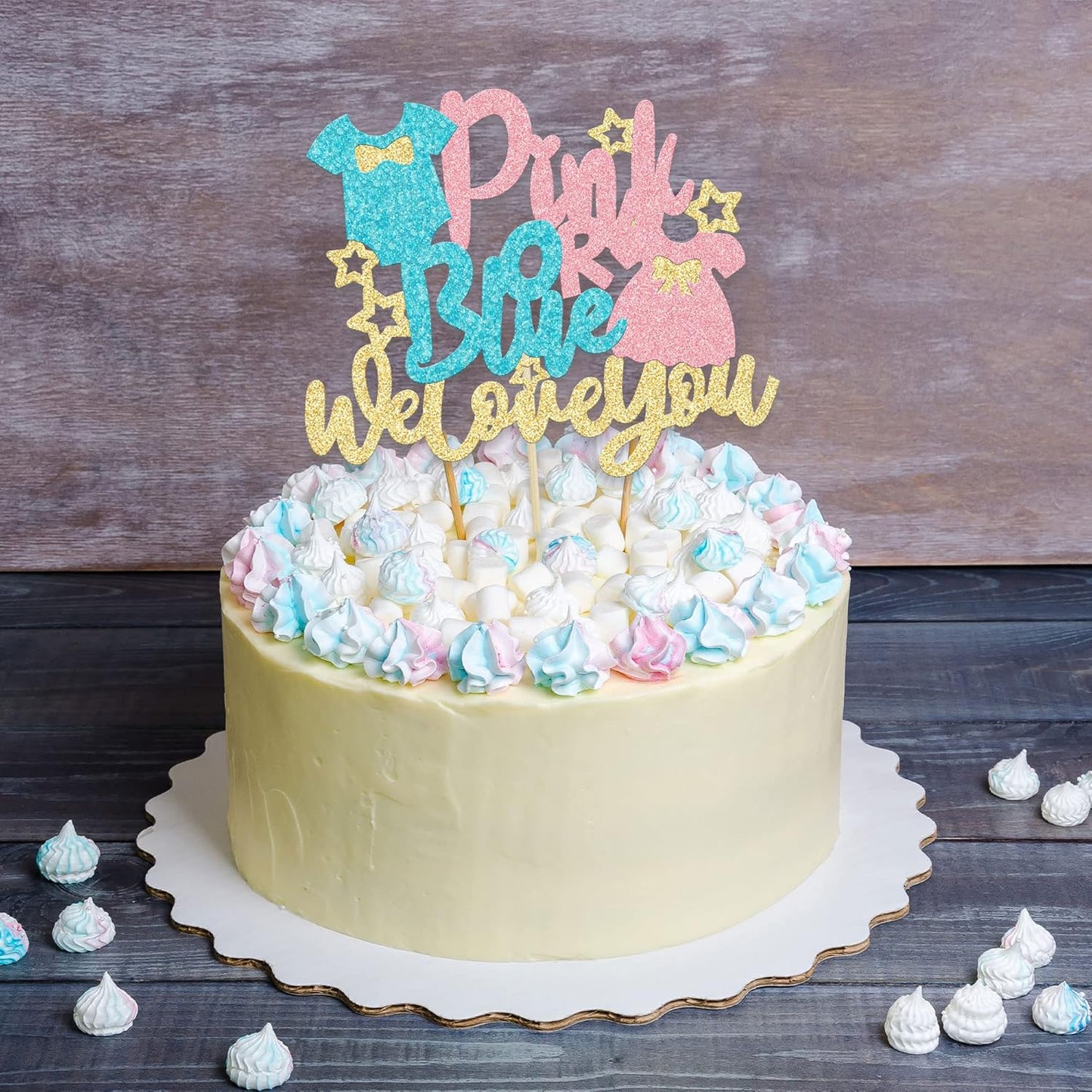 1Pc Pink or Blue Cake Topper with Glitter Onesie Dress We Love You Cake Pick Gender Reveal Cake Decorations for Baby Shower Gender Reveal Theme Kids Boys Girls Birthday Party Decoration Supplies