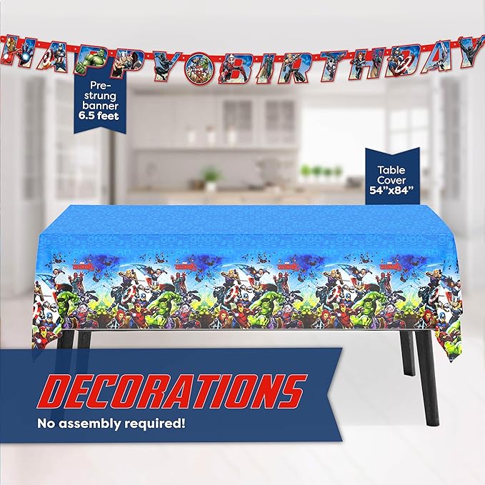 Marvel Avengers Party Supplies and Decorations, Avengers Birthday Party Supplies, Serves 16 Guests, Officially Licensed with Table Cover, Banner Decor, Plates, Napkins, and More