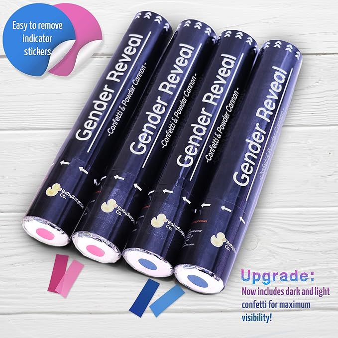 Gender Reveal Confetti Cannon 2 Pink 2 Blue Powder Smoke with 100% Non-Toxic, Food-Grade Corn Starch - Safe and Easy Compressed Air Party Popper - Bright Explosion for Photo Effect