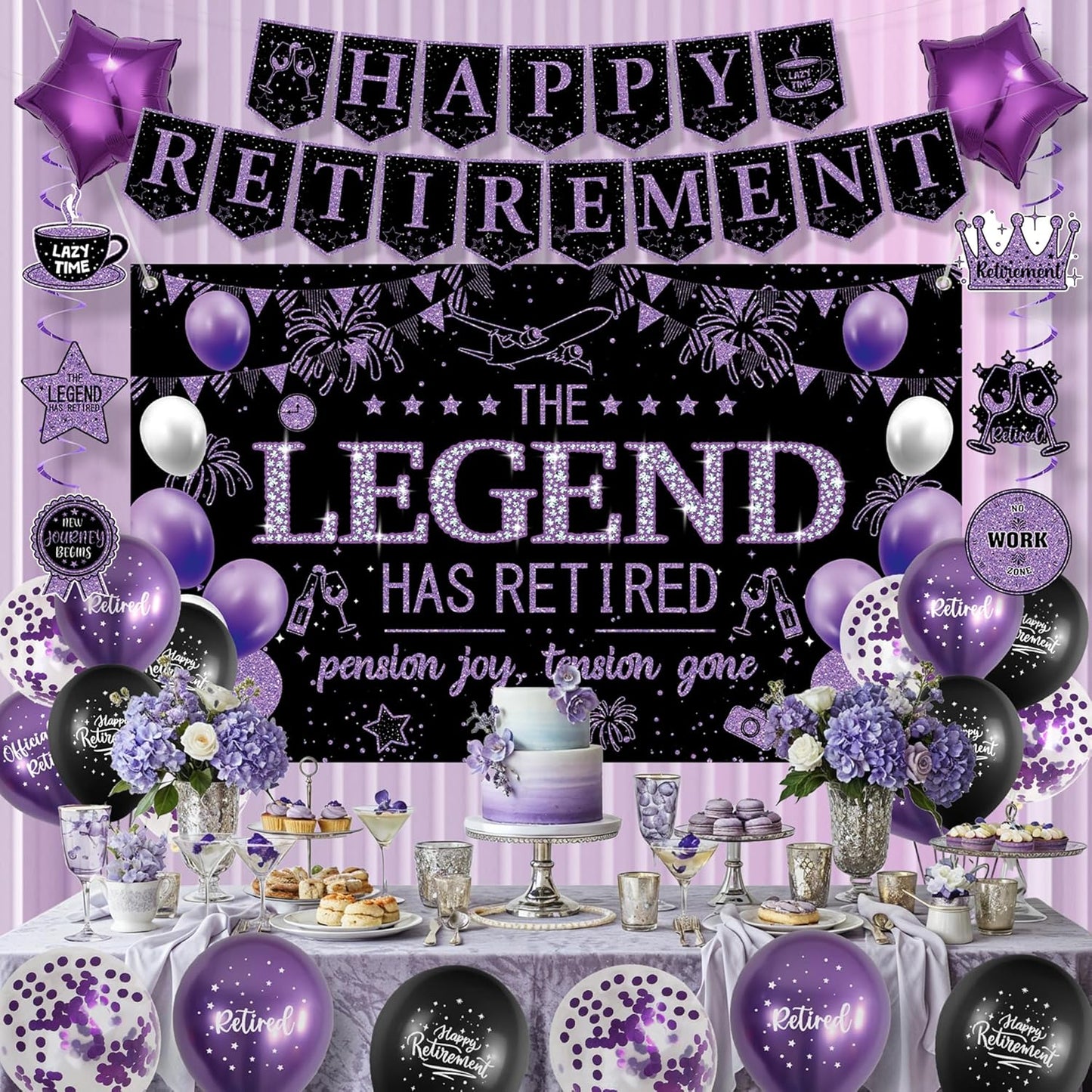 Roetyce Retirement Party Decorations Women, Black and Purple Happy Retirement Banner Backdrop Balloons Hanging Swirls for Coworker, Lengend Has Retired Sash & Crown, Office Retired Background