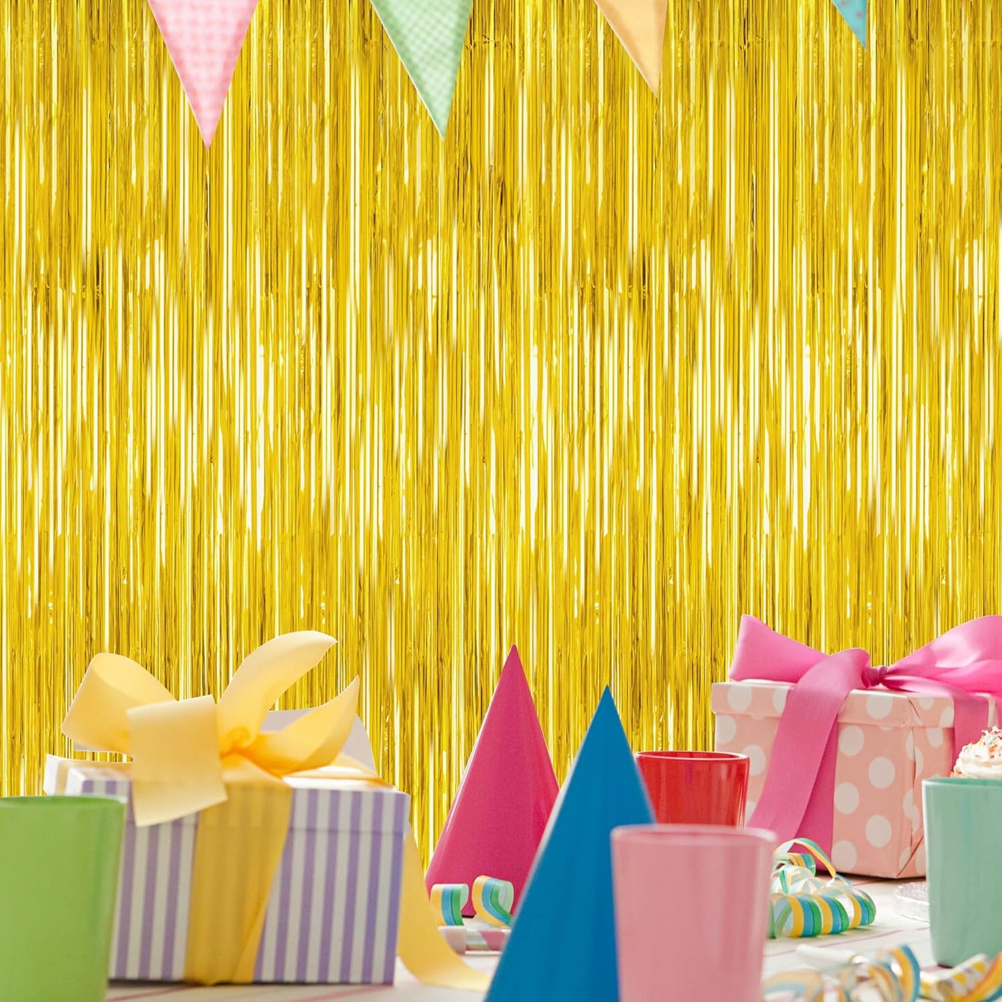 2 Pack Gold Tinsel Backdrop, 3.28 FT x 7.05 FT Metallic Fringe Curtain, Gold Color Graduation Backdrop Party Streamers, Party Supplies Door Decorations for Birthday Anniversaries