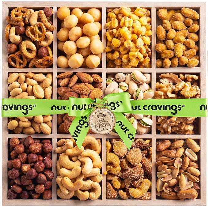 NUT CRAVINGS - Halloween Treats For Adults Mixed Nuts Gift Basket in Reusable Wooden Tray + Green Ribbon (12 Assortments) Holiday Xmas Christmas Food Arrangement, Healthy Snack Care Package