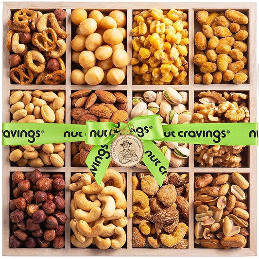 NUT CRAVINGS - Halloween Treats For Adults Mixed Nuts Gift Basket in Reusable Wooden Tray + Green Ribbon (12 Assortments) Holiday Xmas Christmas Food Arrangement, Healthy Snack Care Package