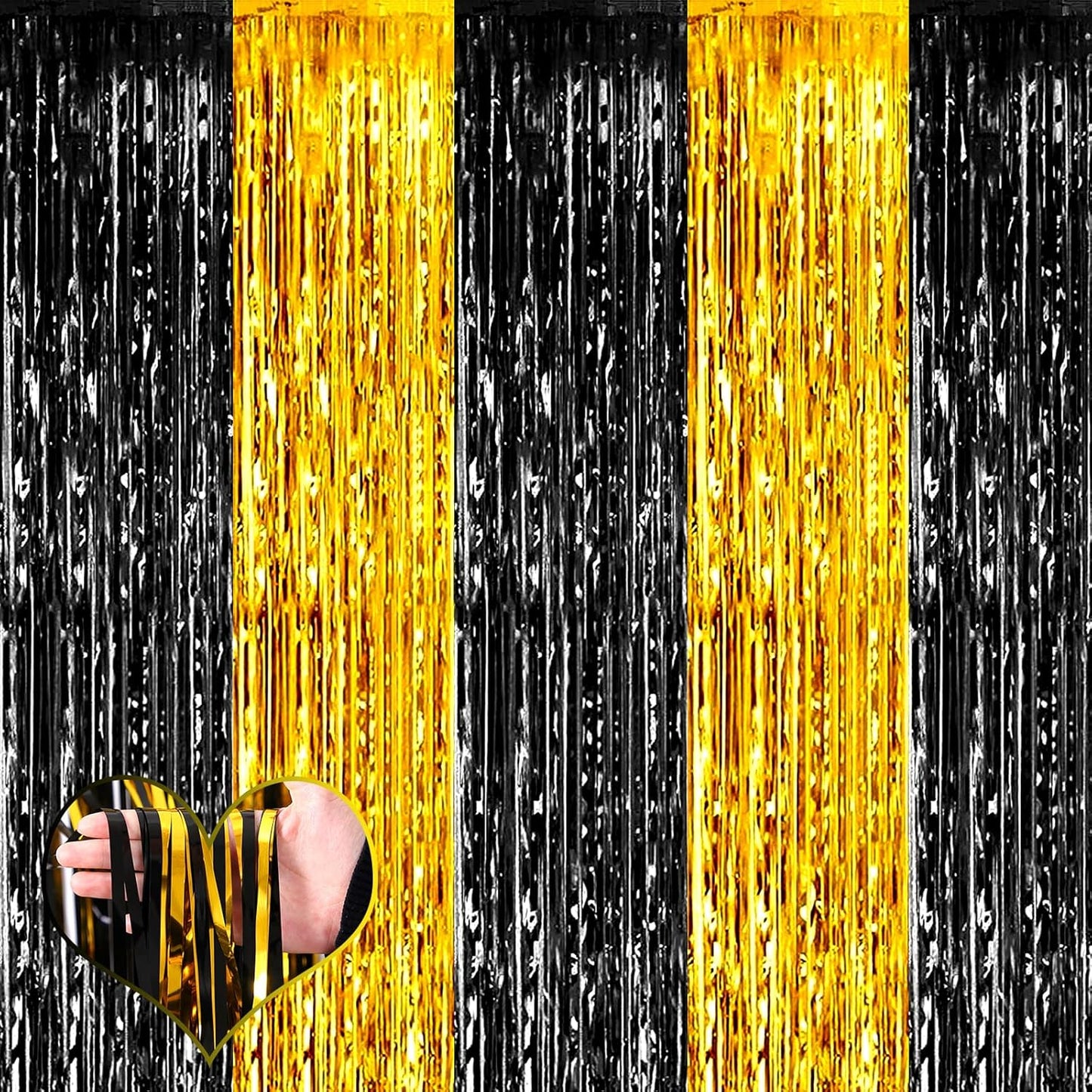 4 Pack 3.2Ft x 9.8Ft Black and Gold Fringe Curtain Backdrop, Metallic Tinsel Foil Fringe Streamers Curtains Background for Photo Booth Birthday Wedding Graduation Carnival Party Decorations