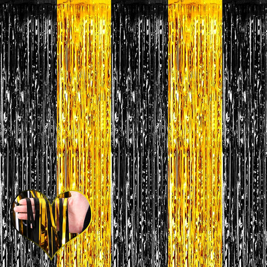 4 Pack 3.2Ft x 9.8Ft Black and Gold Fringe Curtain Backdrop, Metallic Tinsel Foil Fringe Streamers Curtains Background for Photo Booth Birthday Wedding Graduation Carnival Party Decorations