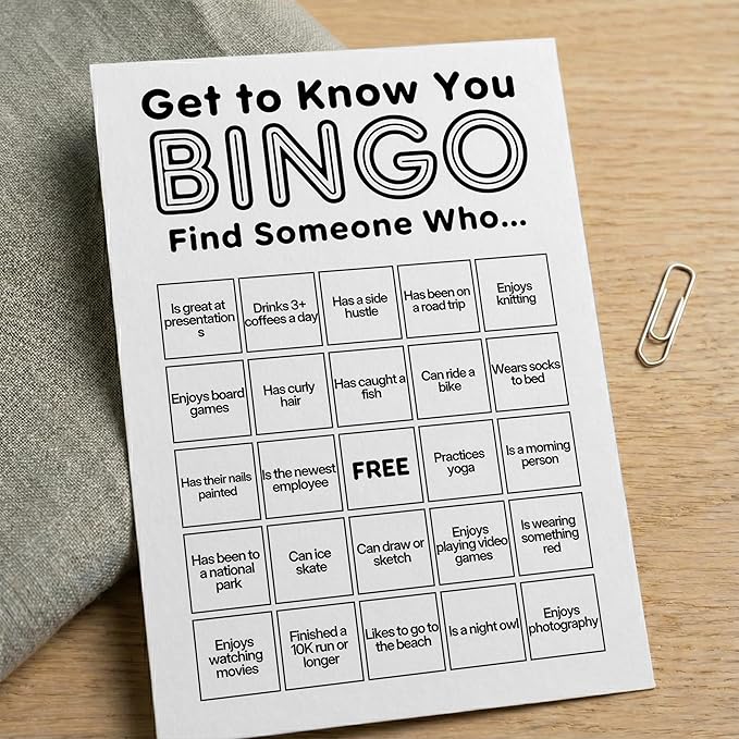 Sahjzk Office Bingo Cards, 25 Unique Randomized 5x7 Sheets, Get to Know You Bingo Game for Adults, Ice Breaker Office Party Games, Team Building Games for Work, High Replay Value - B001