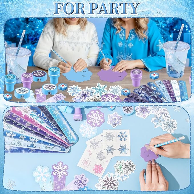 24 Set Winter Holiday Stationery Party Favors, Winter Snowflake Party Gifts, Holiday Stationery Gift Cups Filler with Sticker Stamper Ruler for Birthday Stocking Goodie Bags Exchange Gift