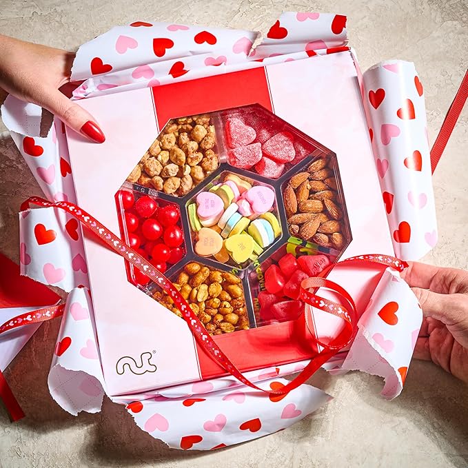 NUT CRAVINGS - Halloween Treats For Adults Mixed Nuts & Heart Candy Gift Basket in Red Gold Box (7 Assortments, 1 LB) Holiday Xmas Christmas Food Arrangement, Healthy Snack Care Package