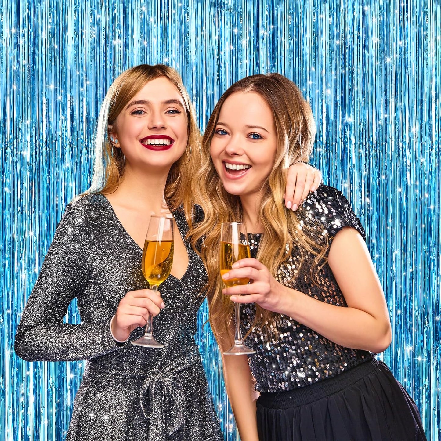 2 Pack Light Blue Metallic Tinsel Foil Fringe Curtains, Door Streamers Photo Booth Backdrop for Birthday Party, Tinsel Curtain Backdrop for Baby Shower Bachelorette Christmas Party Decorations