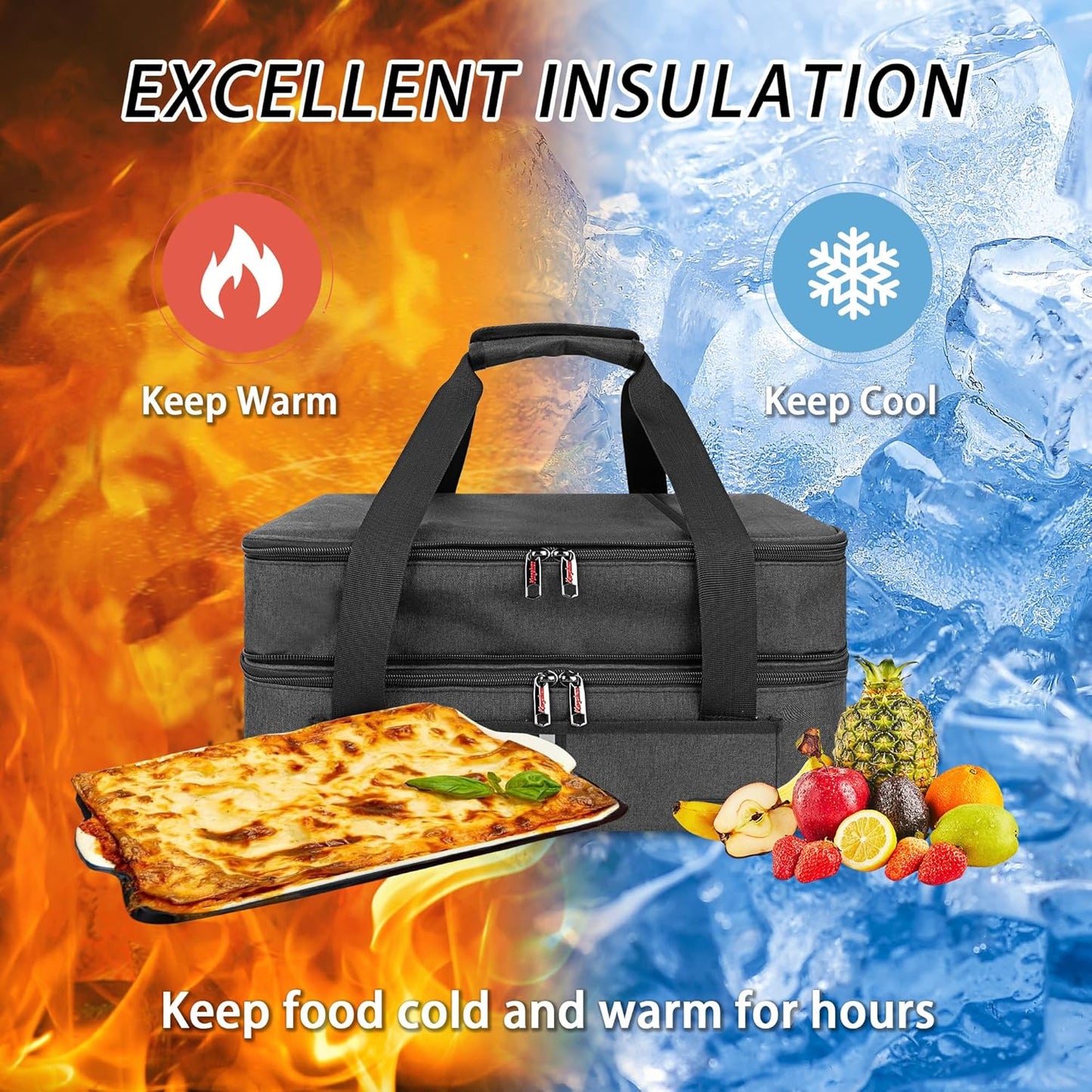 Double Decker Insulated Casserole Carrier for Hot or Cold Food, Expandable Thermal Food Carrier, Lasagna Holder Tote for Potluck Parties, Picnic, Cookouts, Beach Fits 9"x13" and 11"x15" Baking Dish