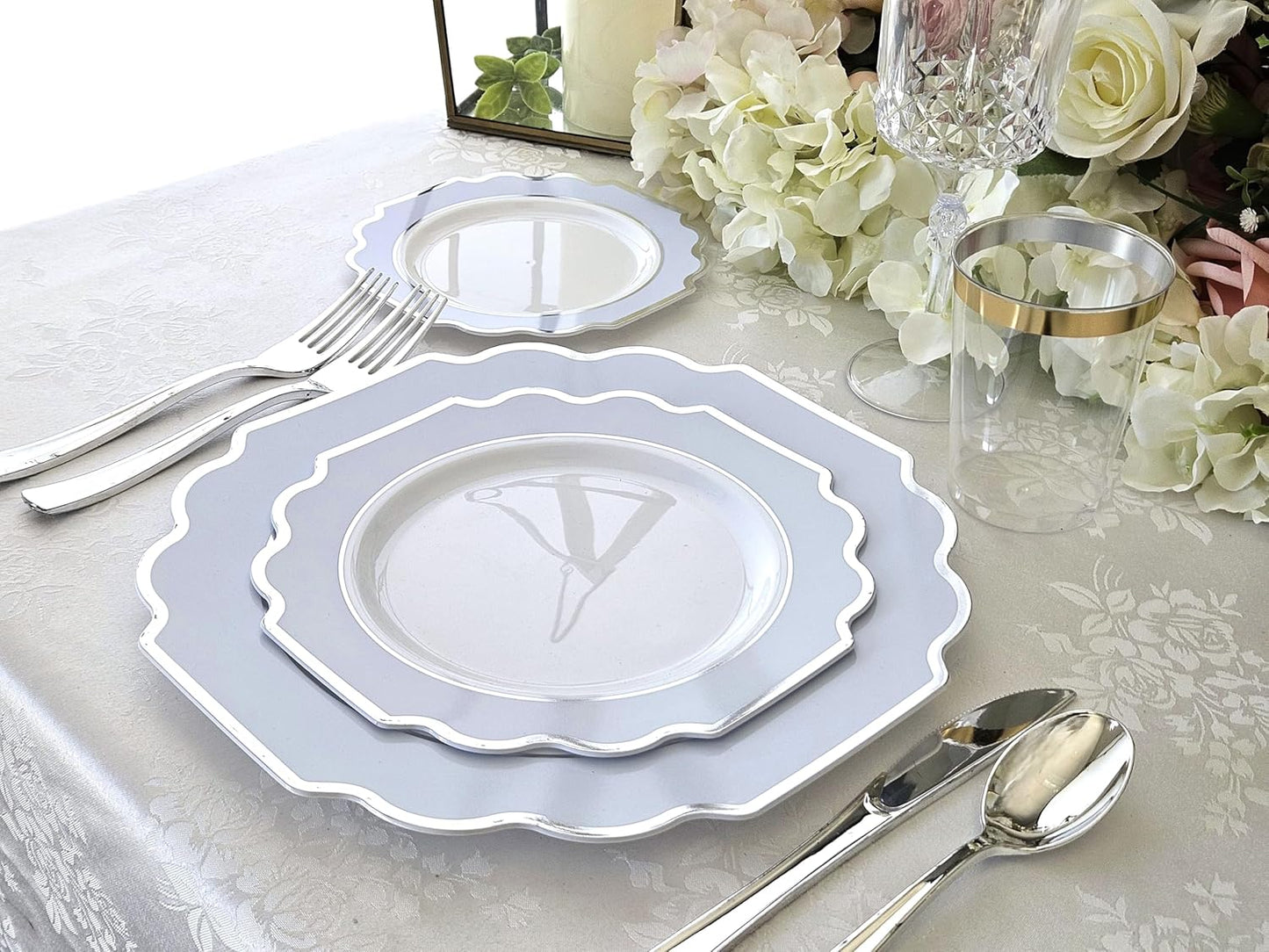 " OCCASIONS " 120 Plates Pack,(60 Guests) Heavyweight Premium Wedding Party Disposable Plastic Plates Set -60 x 10.5'' Dinner + 60 x 8'' Salad/Dessert (Imperial in White/Blue & Silver)