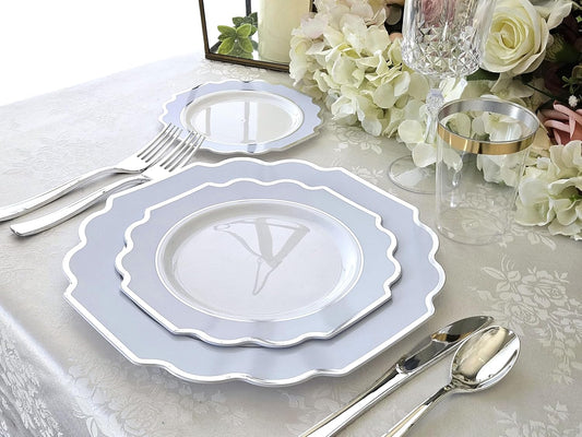 " OCCASIONS " 120 Plates Pack,(60 Guests) Heavyweight Premium Wedding Party Disposable Plastic Plates Set -60 x 10.5'' Dinner + 60 x 8'' Salad/Dessert (Imperial in White/Blue & Silver)