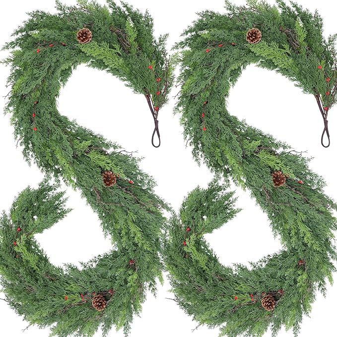 1 Pack 9FT Real Touch Christmas Garland with Pine Cone Artificial Realistic Faux Green Cedar Pine Garland,Thick and Lush, Lifelike Cedar Garland for Fireplace Indoor Outdoor Holiday Party Decoration