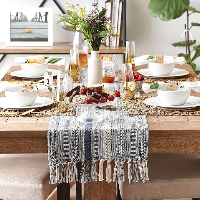 DII Farmhouse Braided Stripe Table Runner Collection, 15x72 (15x77, Fringe Included), French Blue