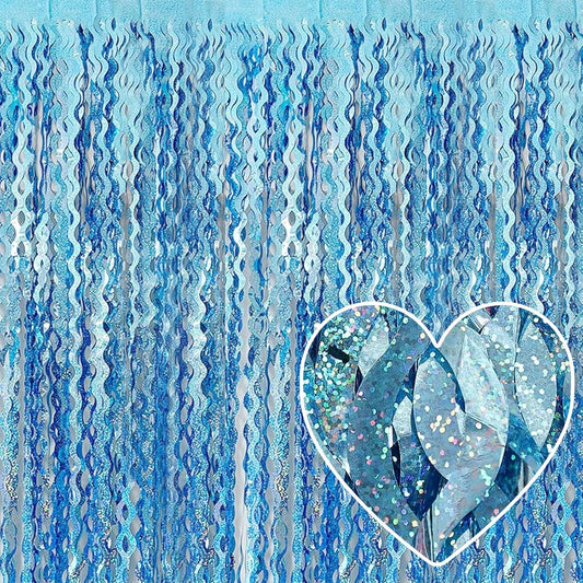 4 Pack Light Blue Fringe Curtain Backdrop 3.2Ft x 8.2Ft Metallic Tinsel Foil Fringe Streamers Background for Photo Booth, Easter, Mother's Day, Bachelorette, Wedding, Birthday Party Decoration