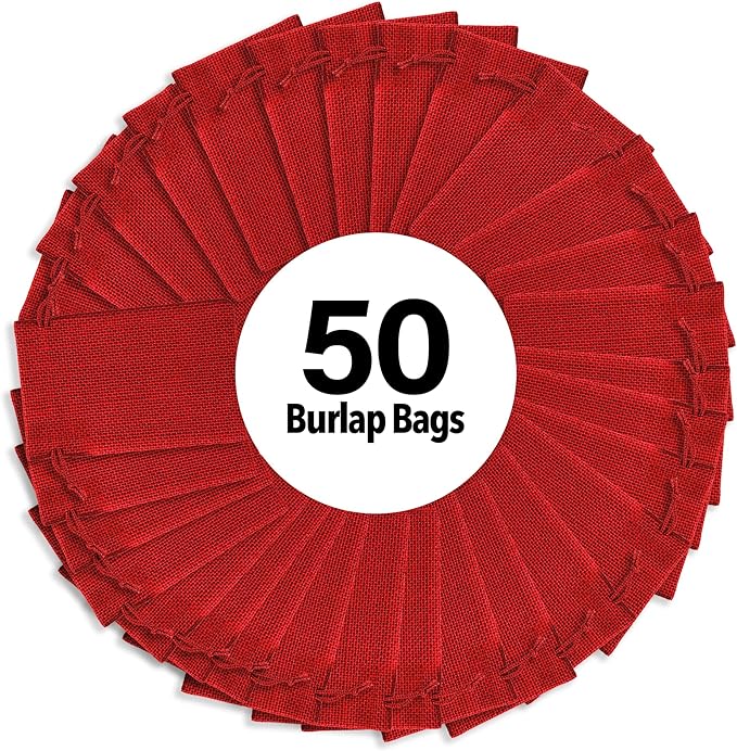 Mandala Crafts 3x4 Inch Red Burlap Drawstring Gift Bags for Favors - 50 Mini Linen Sacks Gift Pouches for Candy, Jewelry, Wedding, and Party Supplies
