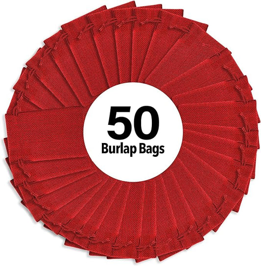 Mandala Crafts 3x4 Inch Red Burlap Drawstring Gift Bags for Favors - 50 Mini Linen Sacks Gift Pouches for Candy, Jewelry, Wedding, and Party Supplies