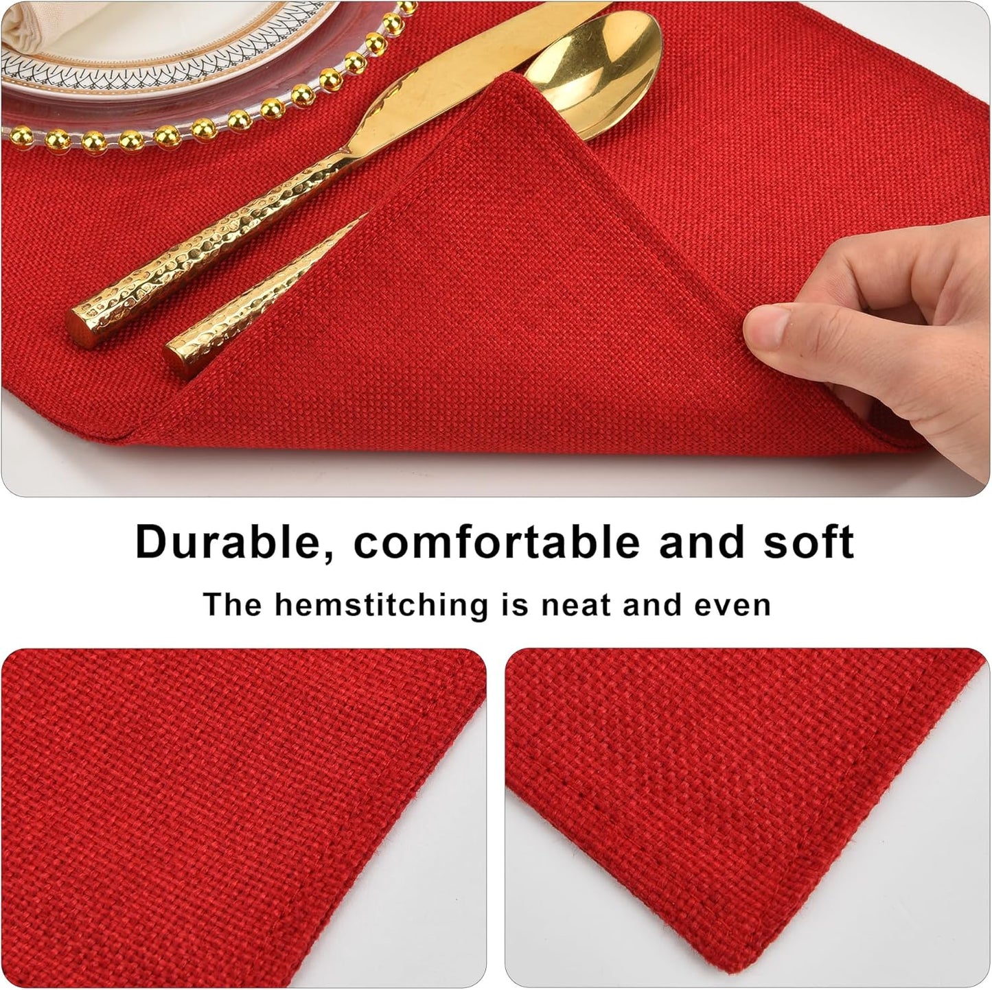 SLKQG Red Linen-Look Fabric Placemats Set of 8, Heat Resistant & Machine Washable Double-Layered Cloth Placemats for Dining Table, Indoor/Outdoor Use, Non-Slip Kitchen Table Mats (8, Bright Red)