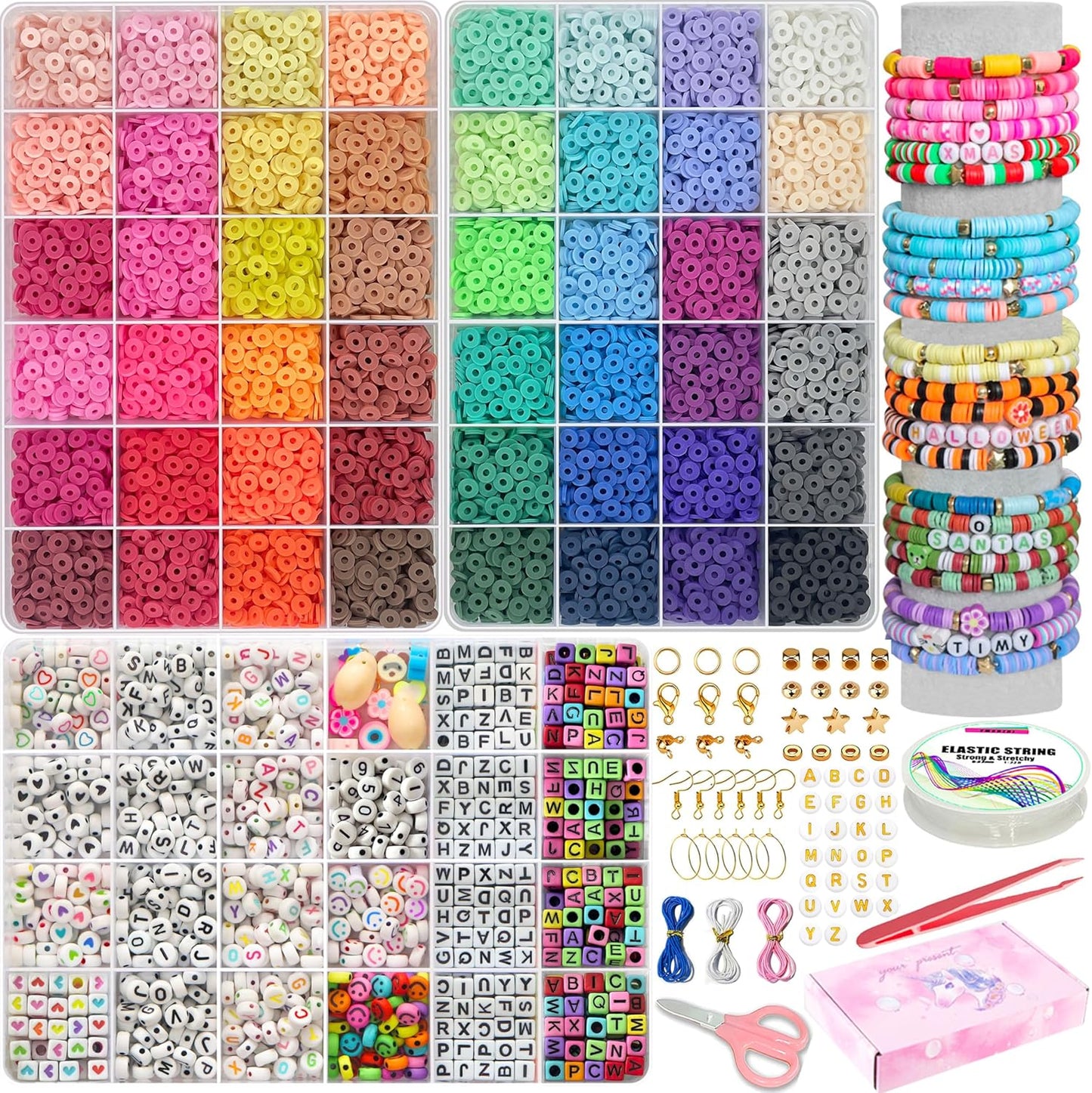 YMSDZHL 17000+PCS Clay Beads Bracelet Making Kit,48 Color DIY Flat Preppy Beads for Friendship Jewelry Making,Polymer Heishi Beads with Charms Gifts for Teen Girls Crafts for Ages 4-12