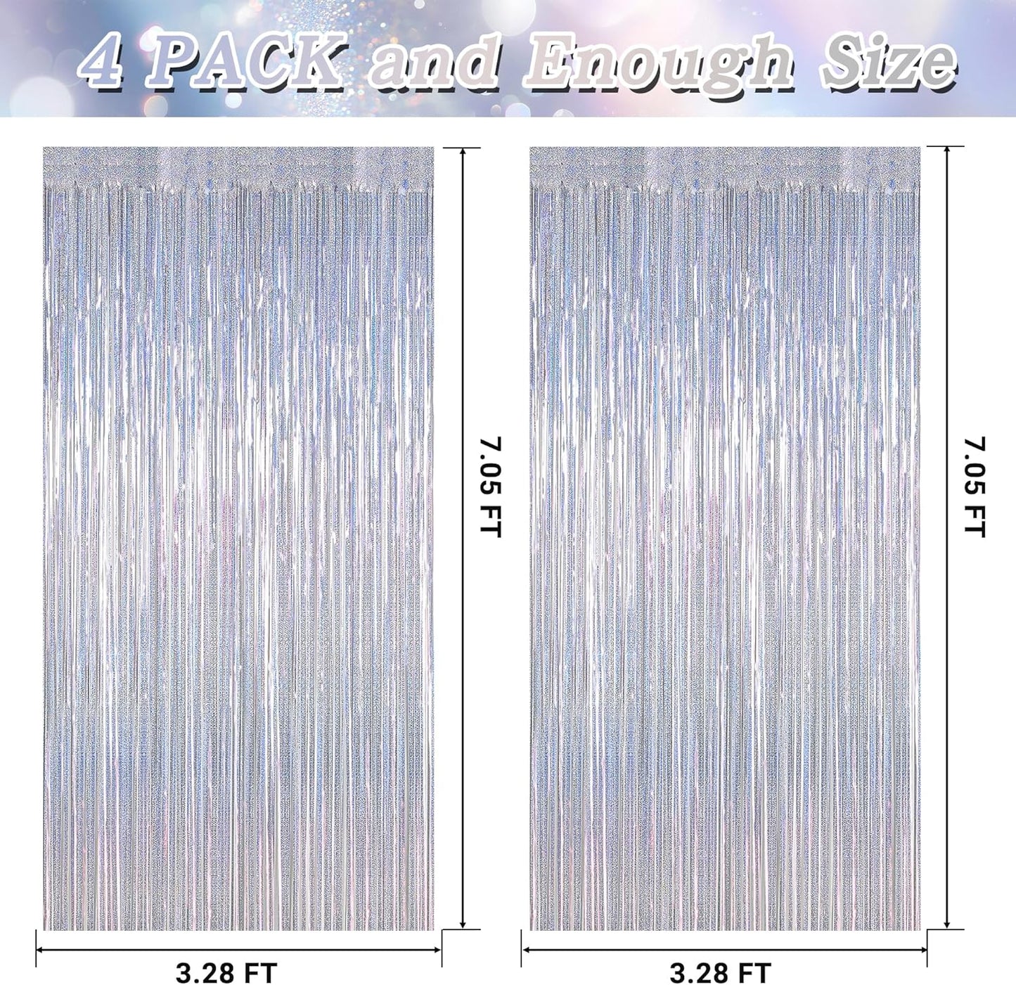 4 Pack Fringe Backdrop, 3.28 FT x 7.05 FT Glitter Silver Tinsel Curtains, Metallic Foil Streamer Disco Fringe Backdrop Party Curtains, Birthday Party Supplies Disco Decorations
