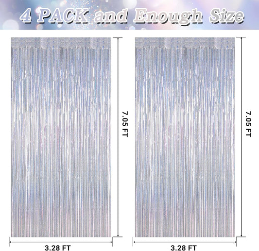 4 Pack Fringe Backdrop, 3.28 FT x 7.05 FT Glitter Silver Tinsel Curtains, Metallic Foil Streamer Disco Fringe Backdrop Party Curtains, Birthday Party Supplies Disco Decorations