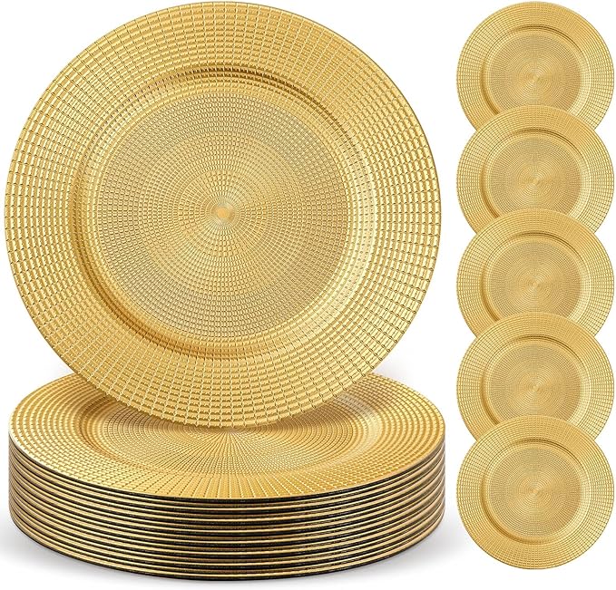 50 Pack Gold Charger Plates Bulk for Dinner Plates, 13" Round Chain Shaped Service Chargers Bulk, Plastic Wedding Chargers for Christmas Thanksgiving Party Wedding Birthday Anniversary