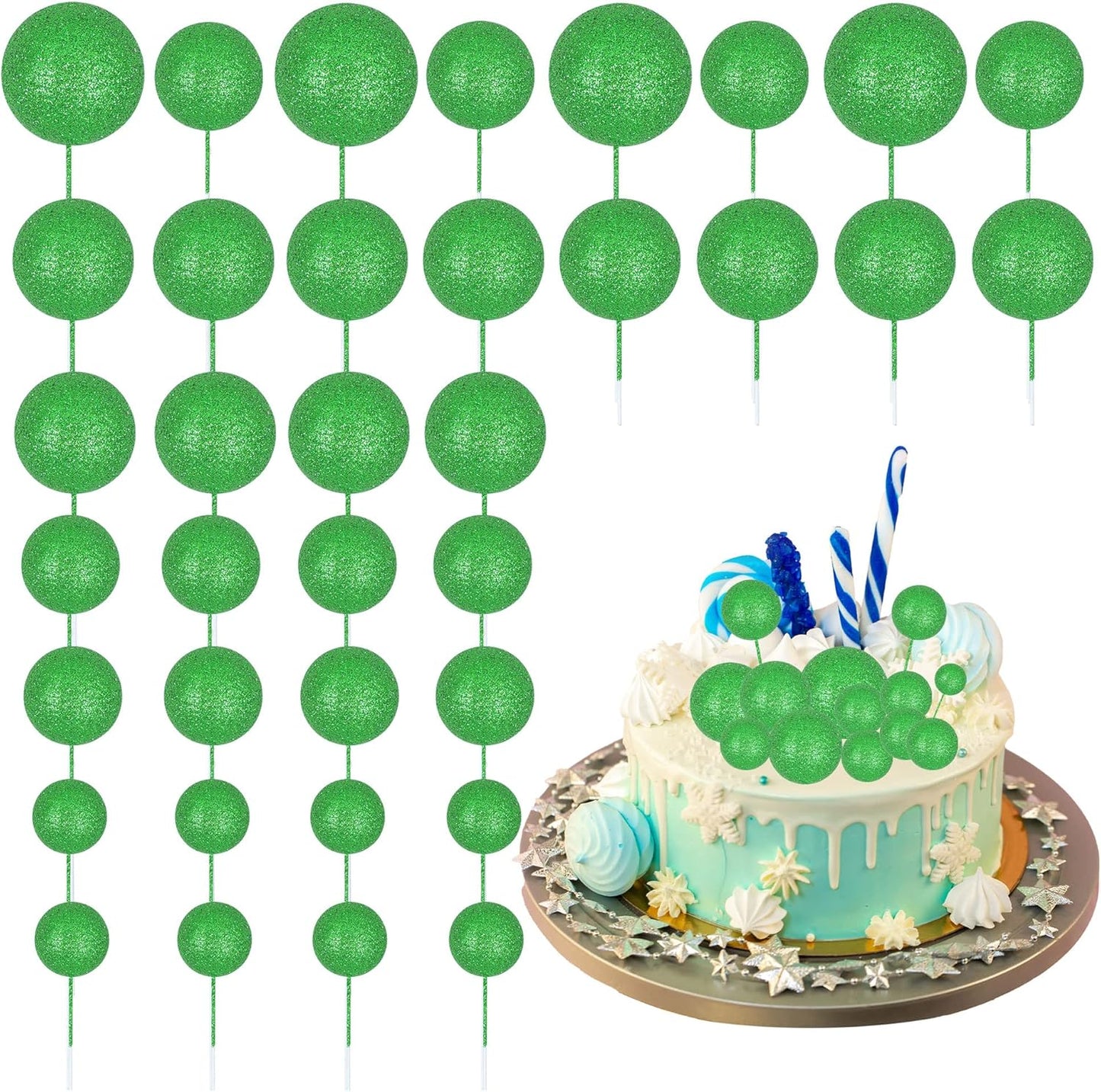 30Pcs Glitter Balls Cake Topper Mini Balloons Cupcake Topper DIY Cake Insert Topper Foam Cake Balls Baking Decoration for Baby Shower Wedding Anniversary Kids Birthday Graduation Party Green