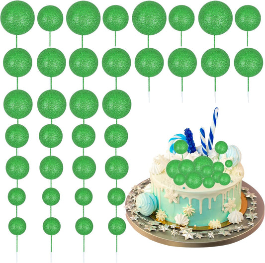 30Pcs Glitter Balls Cake Topper Mini Balloons Cupcake Topper DIY Cake Insert Topper Foam Cake Balls Baking Decoration for Baby Shower Wedding Anniversary Kids Birthday Graduation Party Green