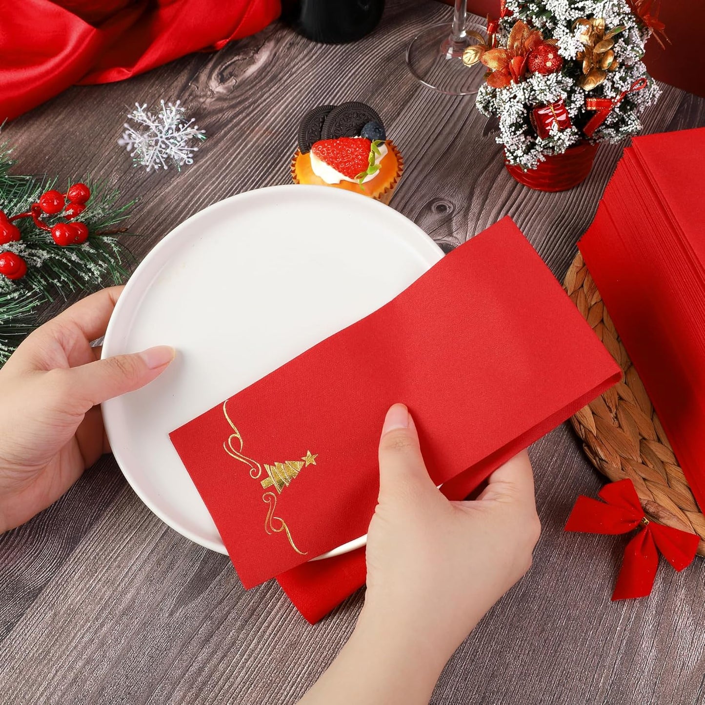 100 Pack Disposable Guest Napkins - 12 x 17 Inch Gold Foil Christmas Trees Napkins - Xmas Tree Hand Towels for Bathroom, Kitchen, Weddings, Holiday Party, Red