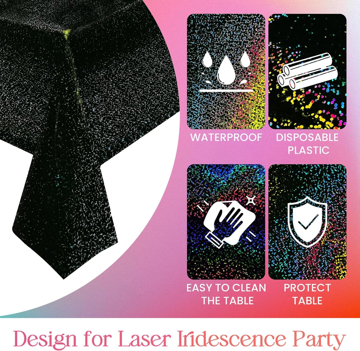 6 Pcs Black Holographic Laser Tablecloths Iridescence Shiny Table Covers 40" x 108" Foil Rectangle Table cloths for Halloween Baby Shower Undersea Ocean Birthday Party Winner Wedding Party Décor