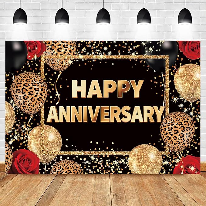 Homewelle Leopard Print Happy Anniversary Backdrop 7Wx5H Feet Polyester Fabric Black Gold Red Cheetah Print Decoration Balloon Rose Cool Party Celebration Photography Background Photo Shoot Props