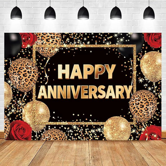 Homewelle Leopard Print Happy Anniversary Backdrop 7Wx5H Feet Polyester Fabric Black Gold Red Cheetah Print Decoration Balloon Rose Cool Party Celebration Photography Background Photo Shoot Props