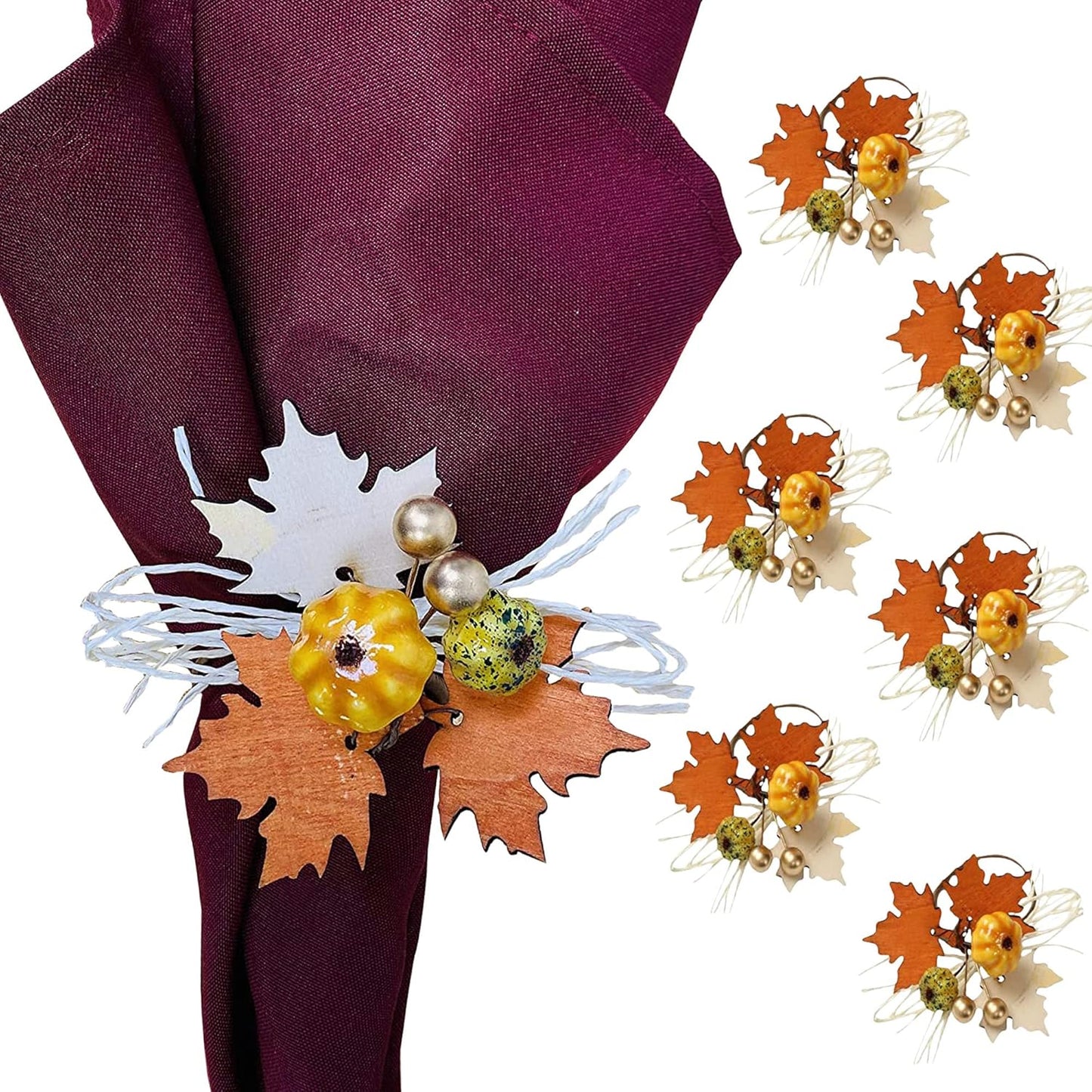 Angel Isabella Fall Themed Napkin Rings - Harvest Maple Wood & Pumpkin Cloth Napkin Holder for Table Setting - Fall Banquet, Thanksgiving, Christmas or Wedding Table Decor (4pc, Harvest Wood)