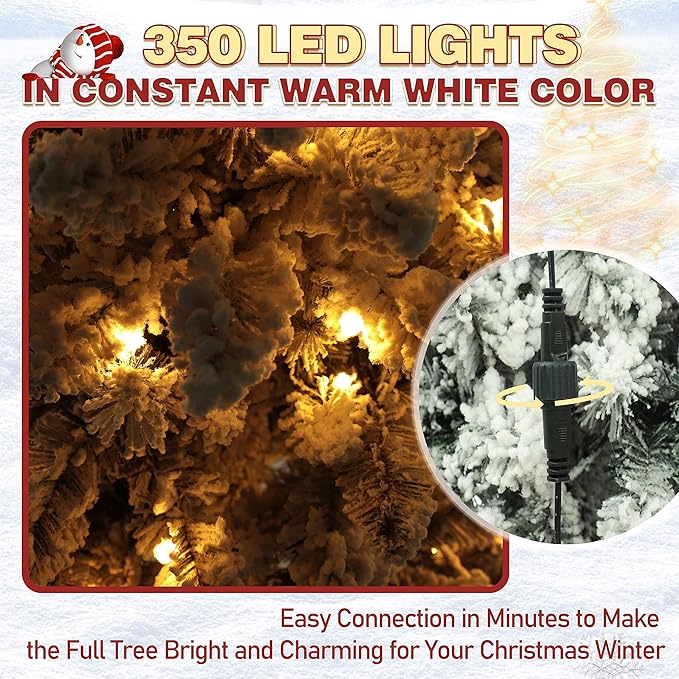 MUPATER 6ft Snow Flocked Christmas Tree Pre-lit, Christmas Flocked Tree with Warm Lights, Artificial Holiday Christmas Tree with Stand for Home, Party
