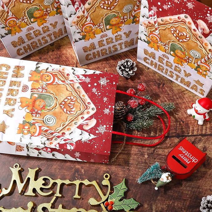 JarThenaAMCS 24Pcs Christmas Gingerbread Paper Gift Bags Merry Christmas Treat Bags with Handles Winter Snowy Candy Goodie Bag Grocery Bag for Xmas Party Supplies