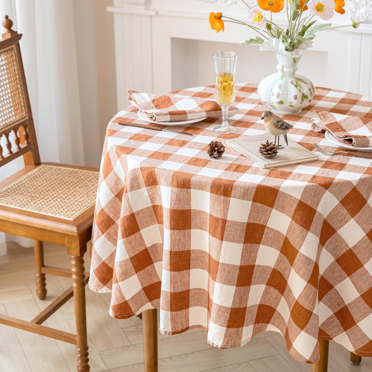Linen World Gingham Tablecloth – Buffalo Plaid Round Linen Tablecloth 90" Inch,100% French Flax Table Cloth for Dining Table,Weddings,Thanksgiving & Christmas Decor,Rust Checkered