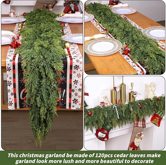 1 Pcs 6FT Christmas Cedar Garland Artificial Realistic Faux Green Cedar Pine Garland Real Touch Christmas Garland for Xmas Home Decoration Indoor Stairs Railing Fireplace Outdoor