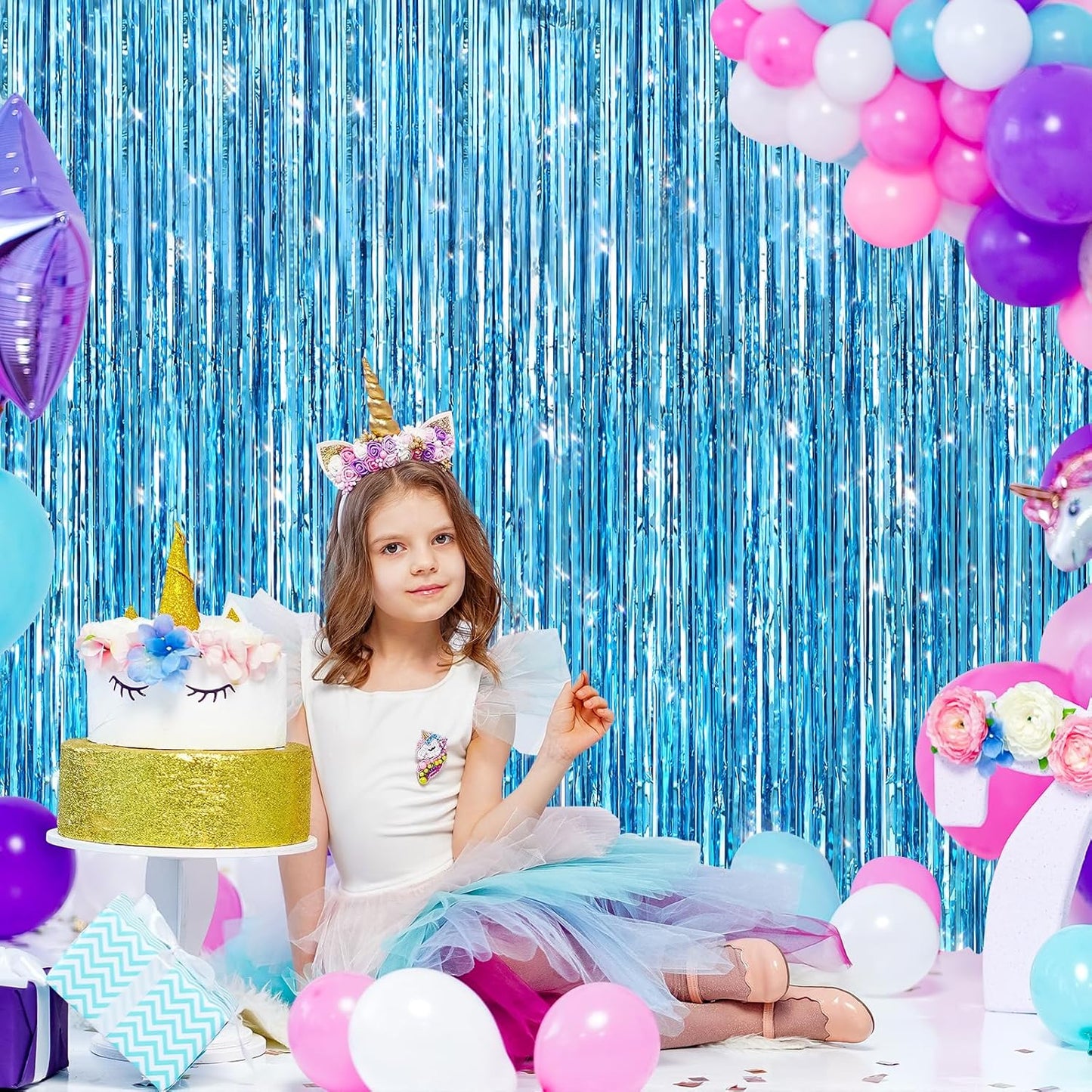 2 Pack Light Blue Metallic Tinsel Foil Fringe Curtains, Door Streamers Photo Booth Backdrop for Birthday Party, Tinsel Curtain Backdrop for Baby Shower Bachelorette Christmas Party Decorations